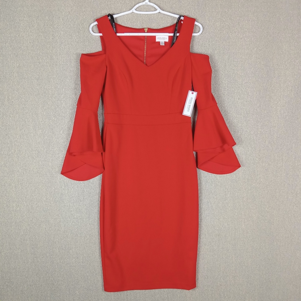 Bisou Bisou Sheath Dress Womens 4 Red Cold Shoulder Bell Sleeves Midi Cocktail